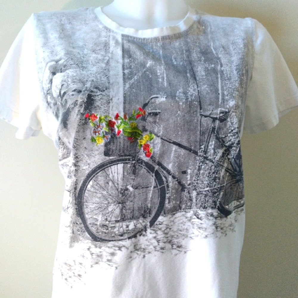 Cute Soft Cotton Tee, Black on White Bicycle Print with Embroidered Flowers